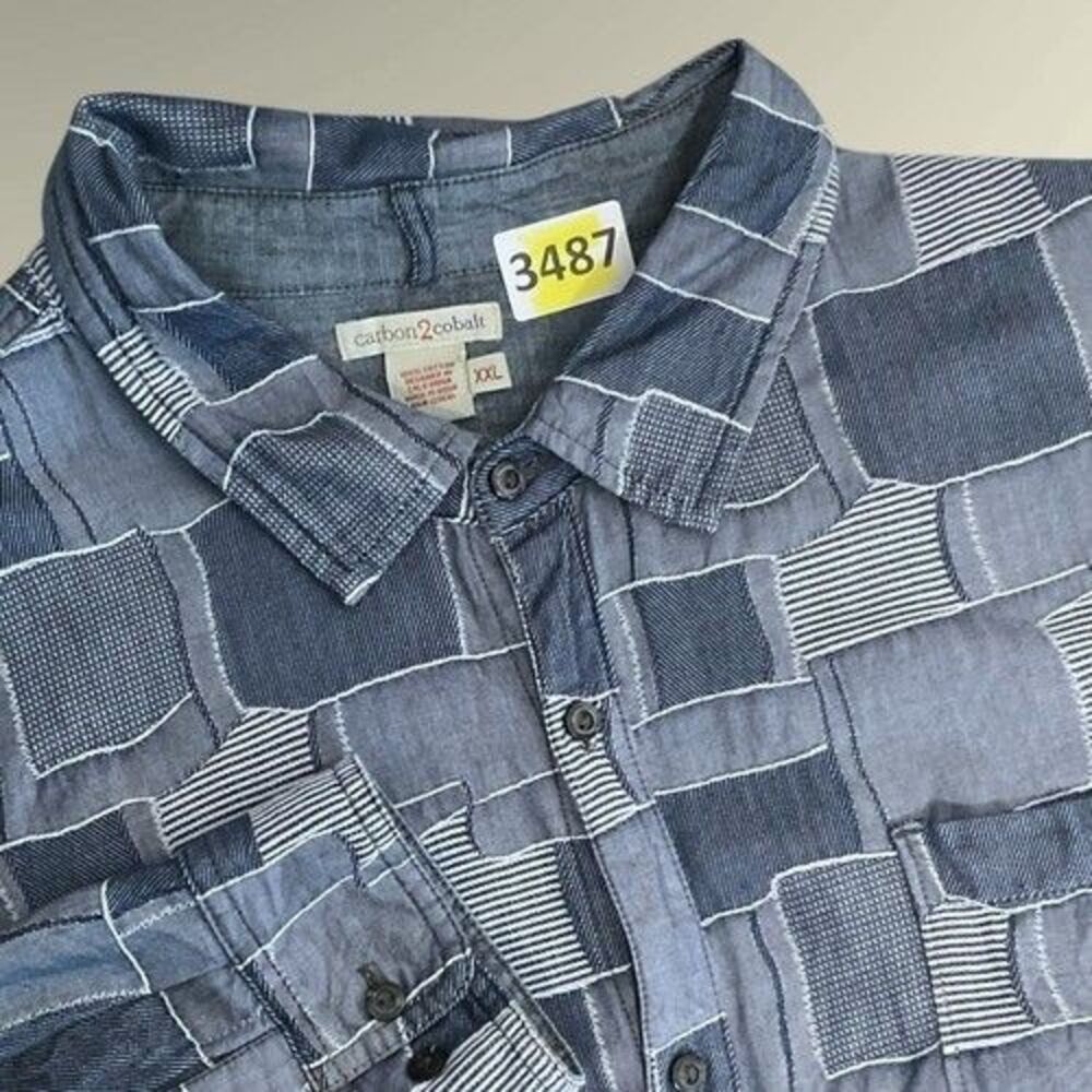 Carbon 2 Cobalt Blue PatchWork Print 100% Cotton Long Sleeve Shirt Men‎ Size 2XL